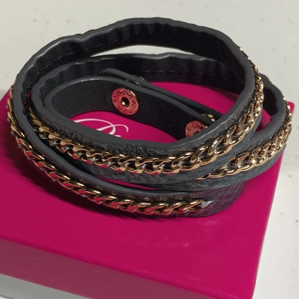 Premier Designs On the Edge Gray Leather, Rose Gold Tone Details Wrap Bracelet
